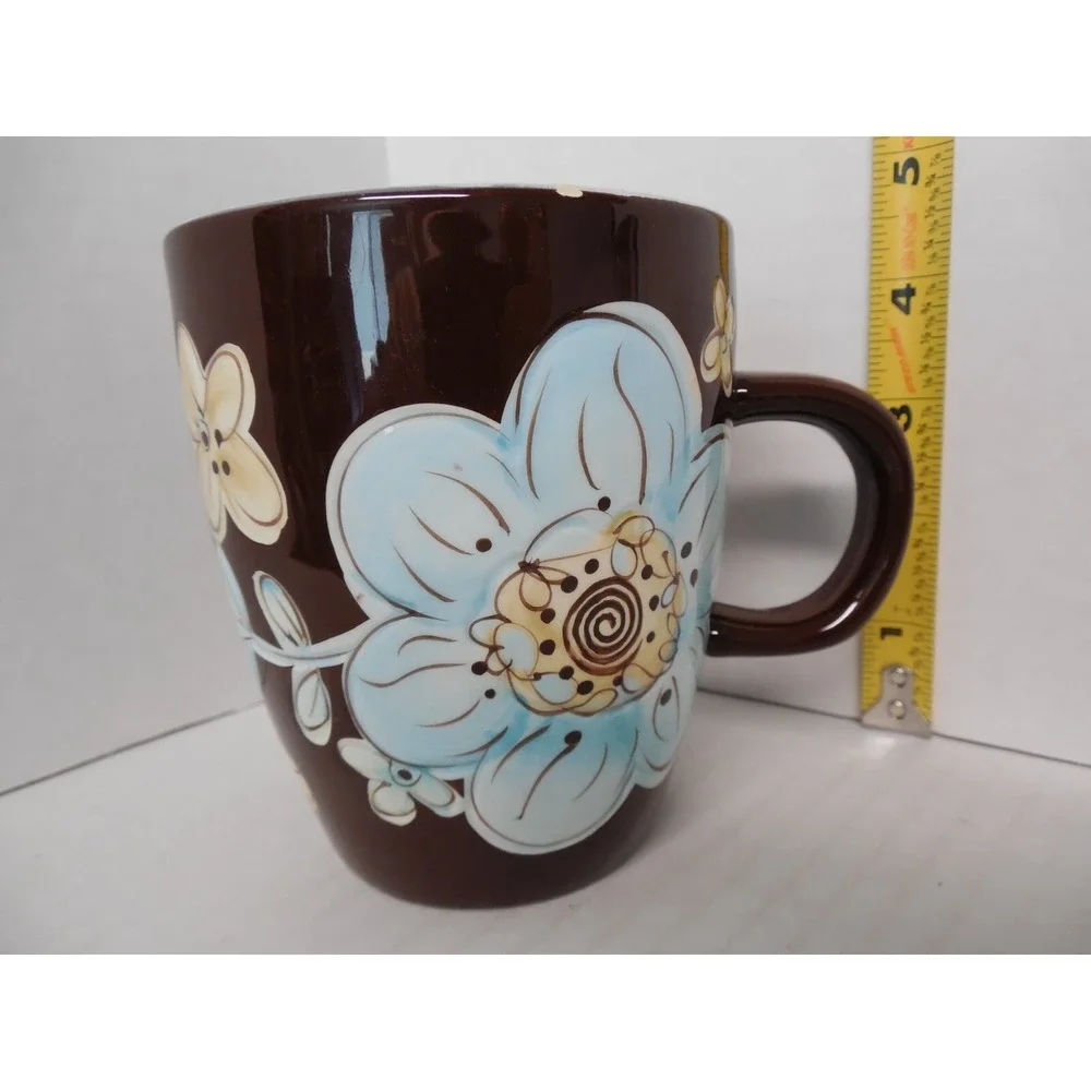 Pier 1 Cassidy Hand Painted Earthenware Mug Brown with Blue Flowers 14 oz